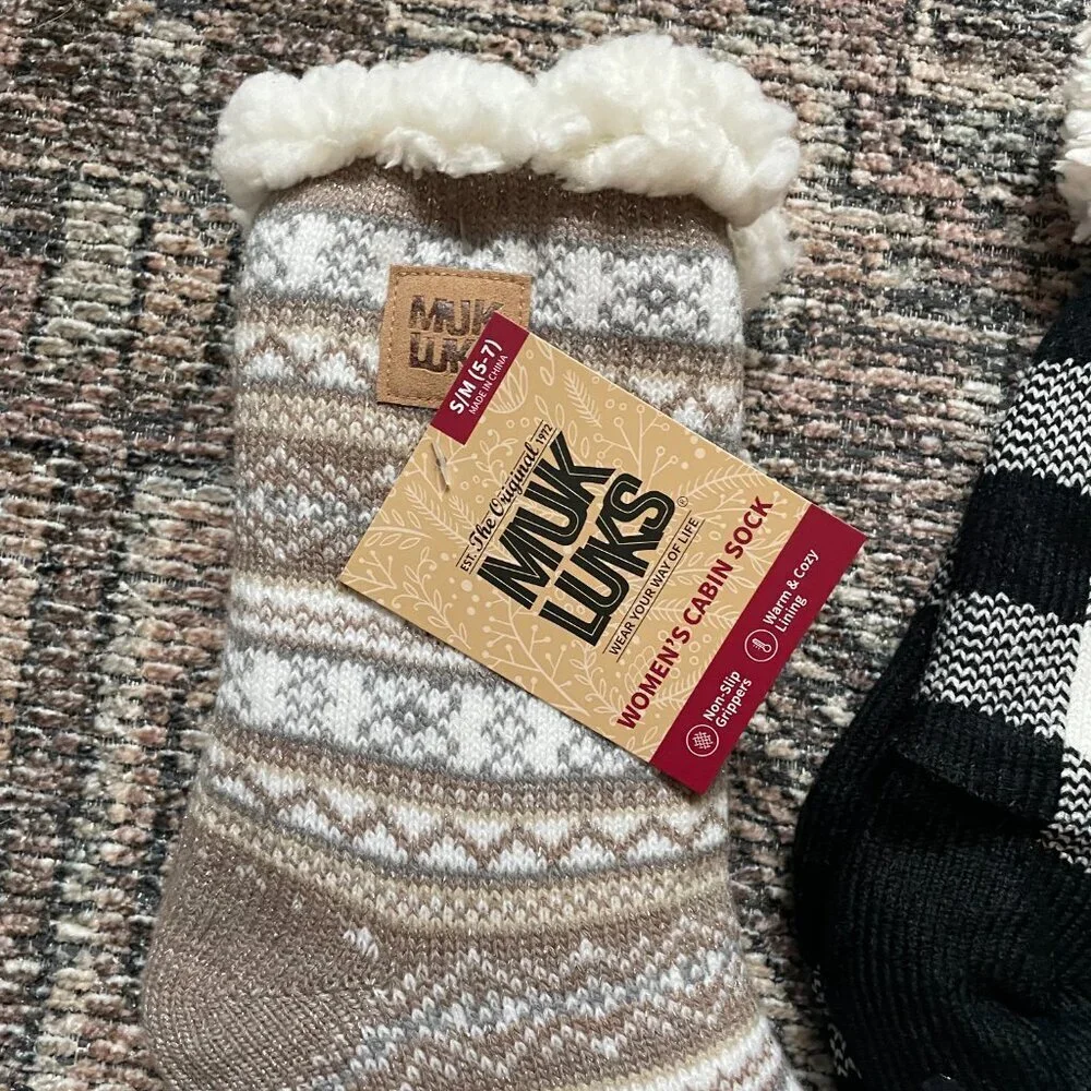 Muk Luks Cabin Socks 2 Pair Sherpa Slipper Socks Buffalo Plaid
